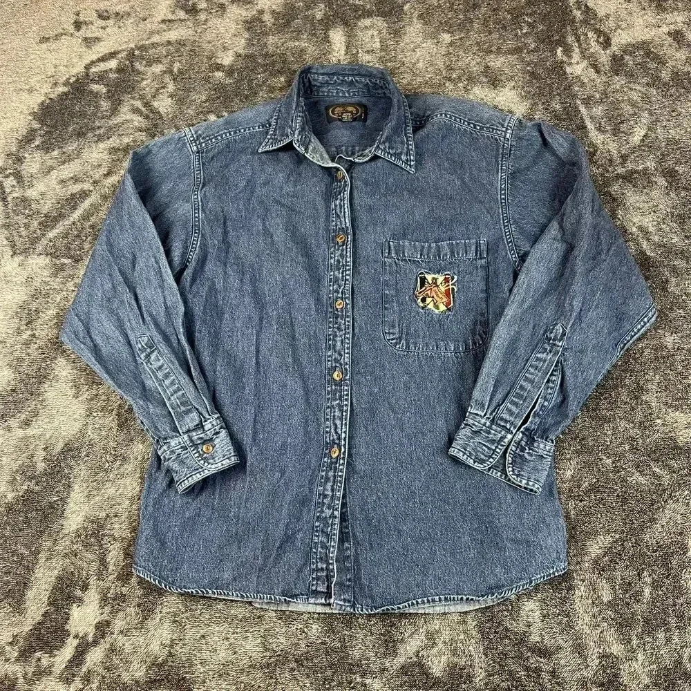 Vtg British Khaki Embroidered Horse Denim Button Up Women's 6 Chambray *READ